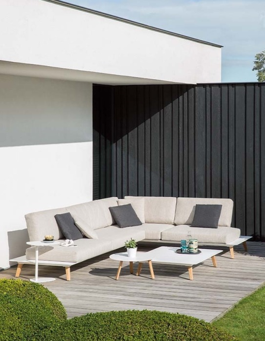 Outdoor modular sofa with teak aluminium and fabric on terrace