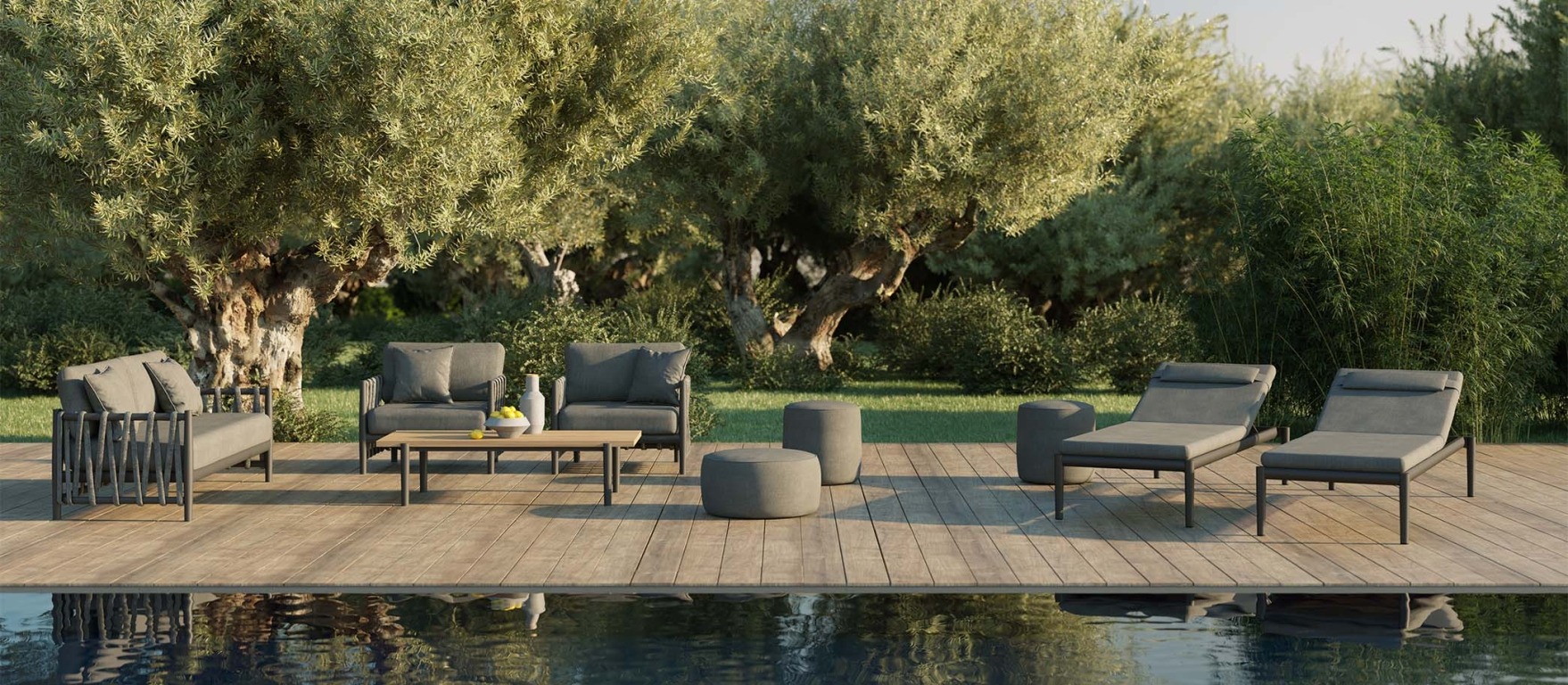 Rope sofa set and sunloungers on terrace