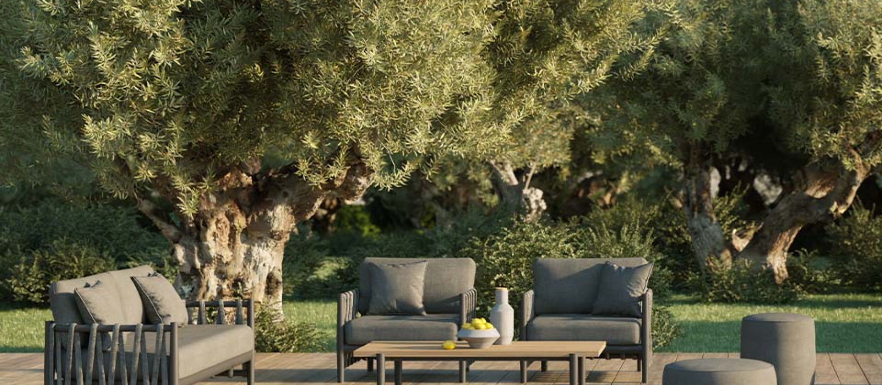 Rope sofa set on terrace by pool