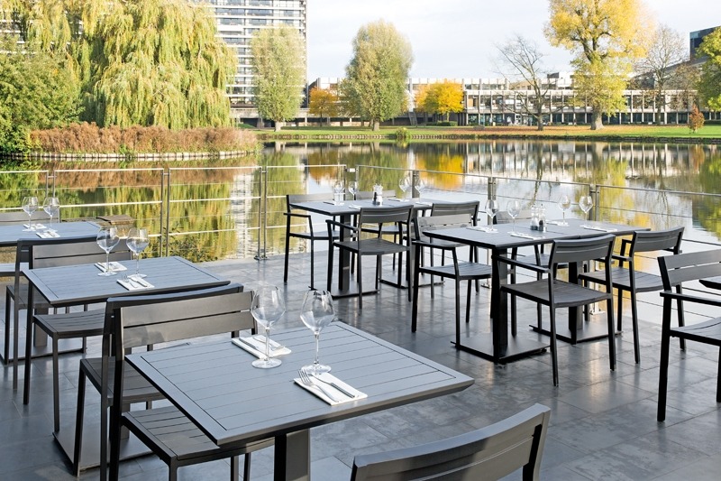 Metris bistro tables on terrace of restaurant