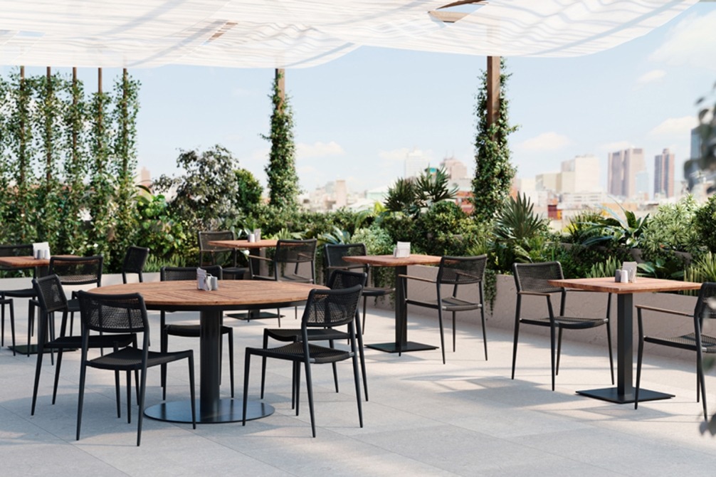 Alexa bistro tables and round dining table on terrace
