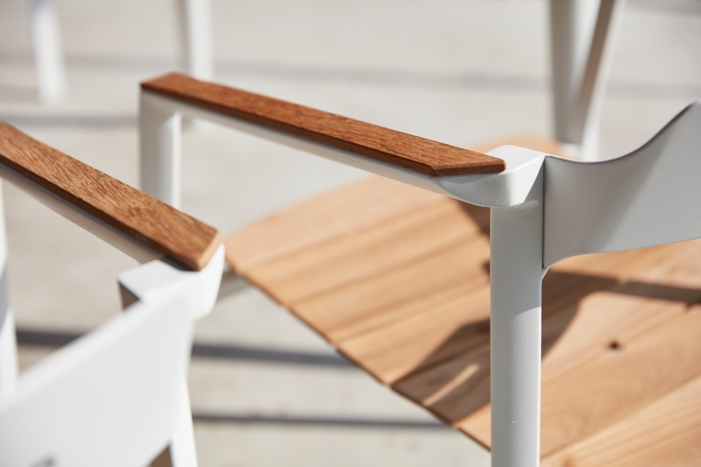 detail of teak on Icon dining armchair