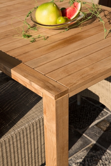 Natural teak coffee tables on terrace next to lounge set