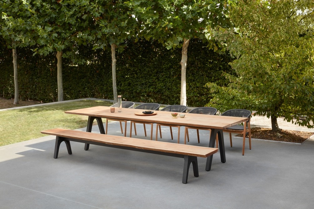 Pure dining table and bench on terrace